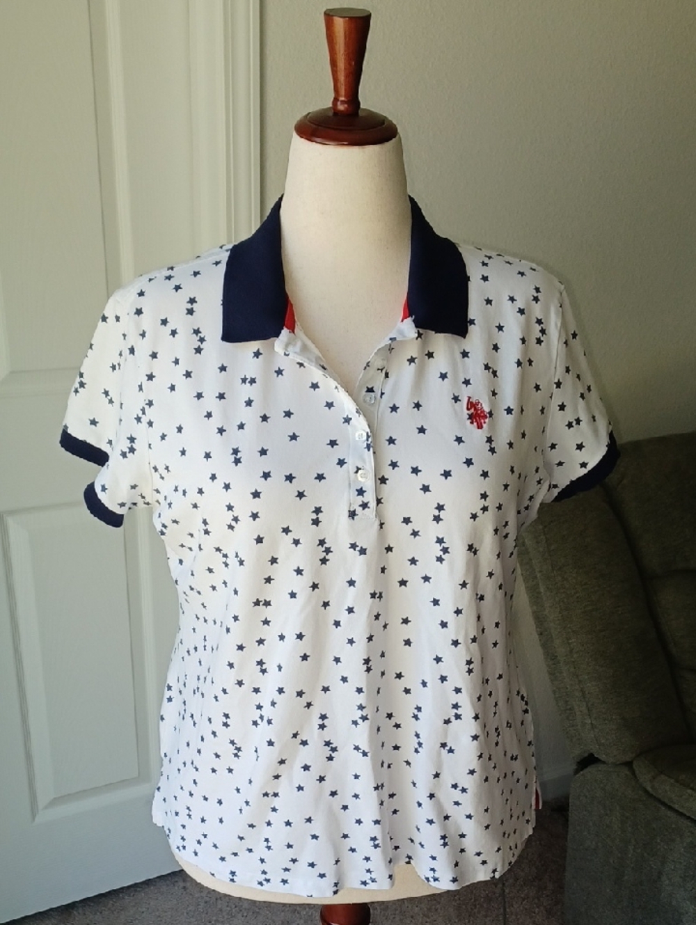 U.S. Polo Assn. White Polo with Navy Star Print and Navy Trim XXL